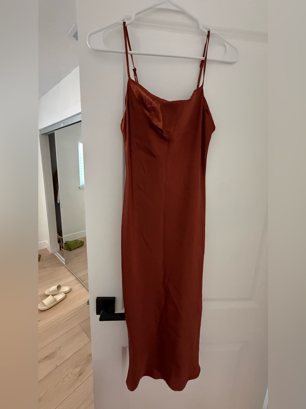 Lulu’s Satin Slip Midi Dress in Rust